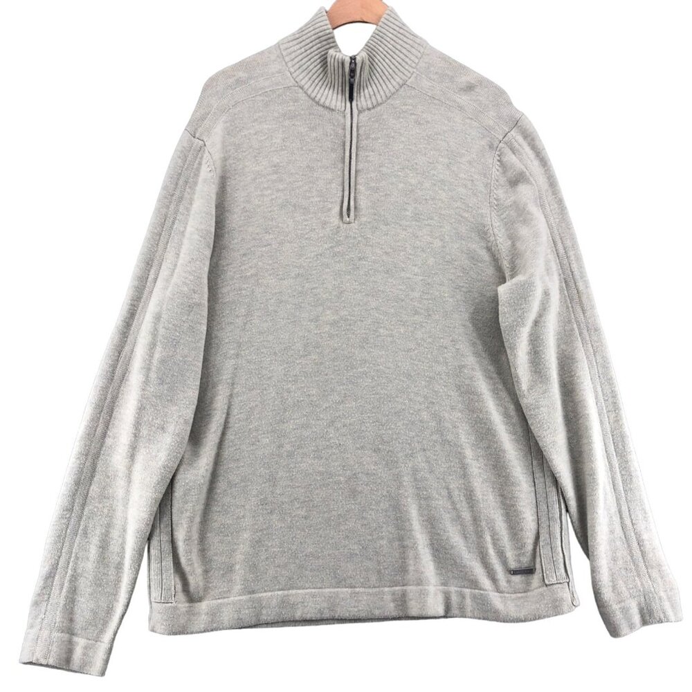Calvin Klein Sweater Mens Large Gray Lambswool Blend 1/4 Zip Mock Neck Stretch